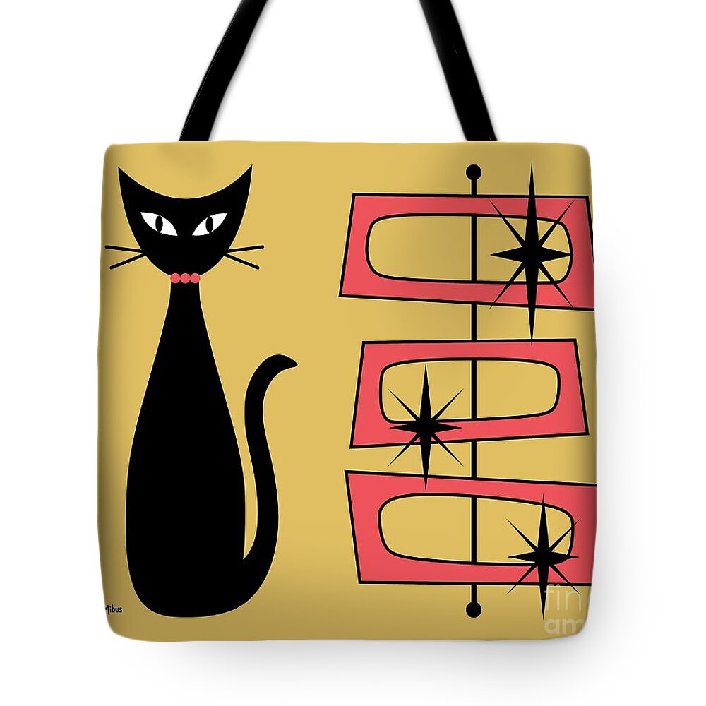 Mid Century Cat Tote Bag featuring the digital art Black Cat with Mod Rectangles Yellow by Donna Mibus