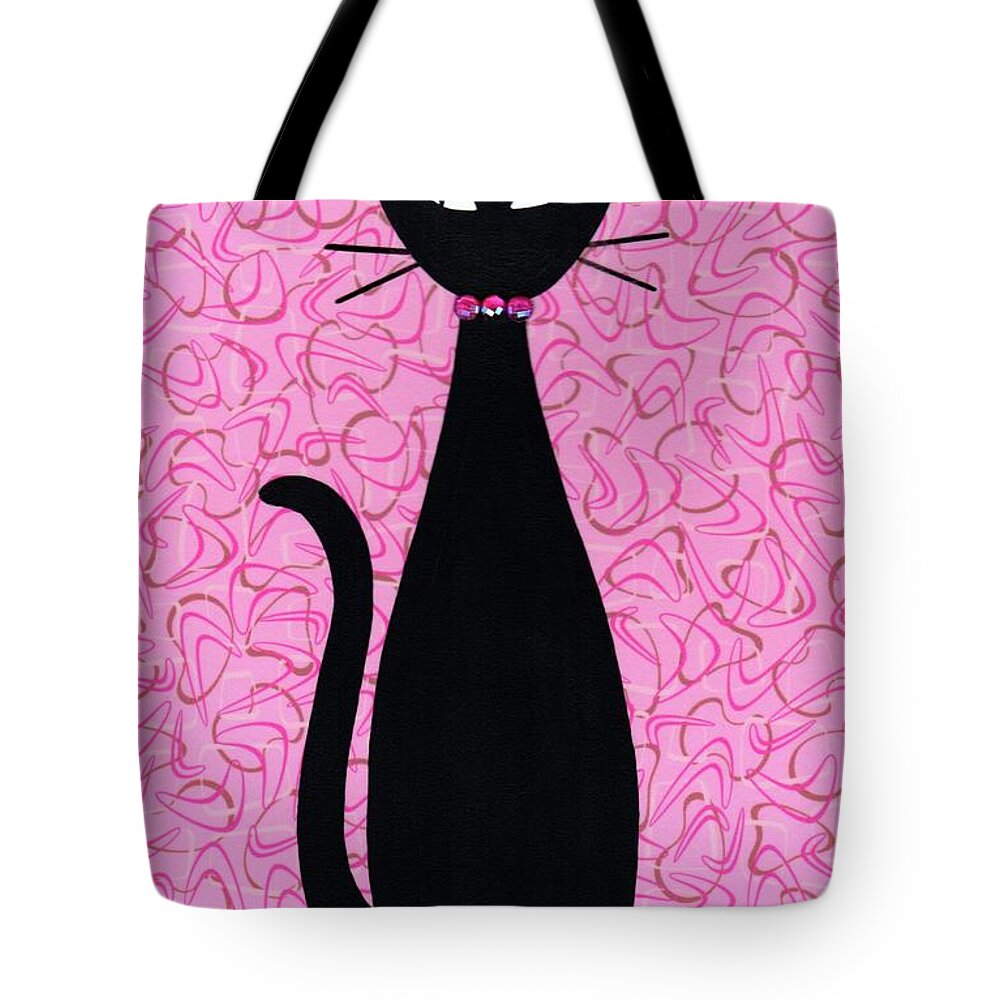 Mid Century Modern Black Cat Tote Bag featuring the mixed media Black Cat with Pink Rhinestone Collar by Donna Mibus