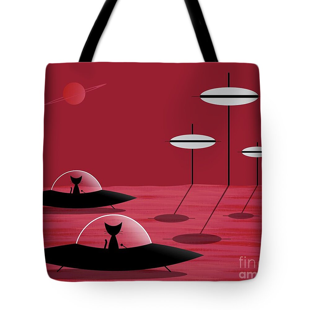 Black Cat Tote Bag featuring the digital art Black Cats Visit Red Planet by Donna Mibus