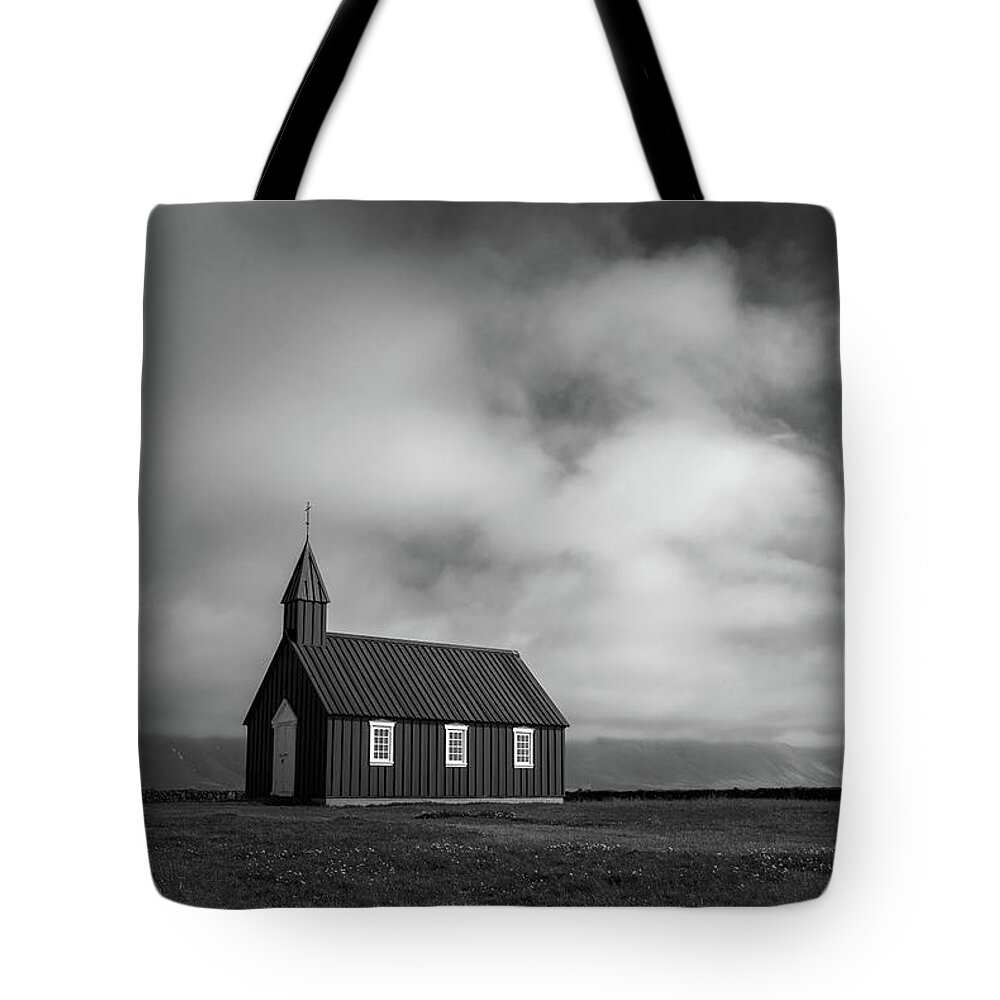 Iceland Tote Bag featuring the photograph Black church in Budir, Iceland by Delphimages Photo Creations