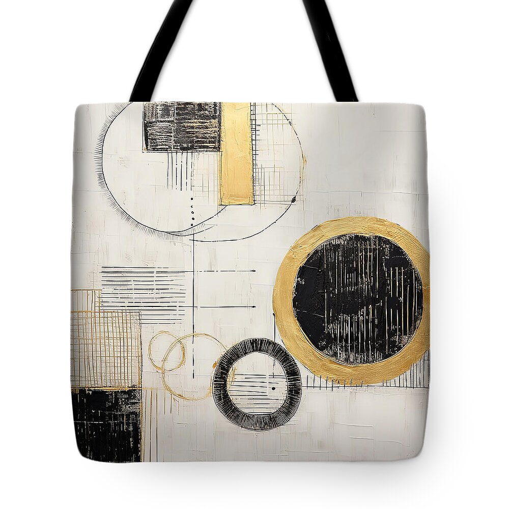 Black And Gold Tote Bag featuring the painting Black Circle with Gold Rings on Neutral Canvas by Lourry Legarde