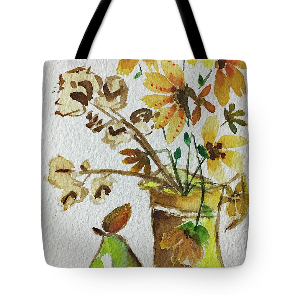 Still Life Tote Bag featuring the painting Black eyed Susans and a Pear by Roxy Rich