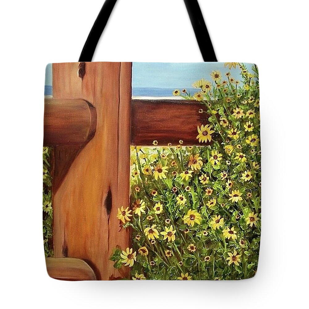 Fence Post Tote Bag featuring the painting Black-eyed Susans Beached by Susan Dehlinger