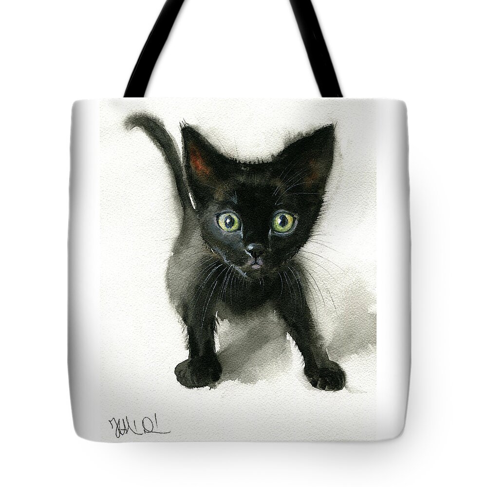 Kitten Tote Bag featuring the painting Black Kitten Painting by Dora Hathazi Mendes