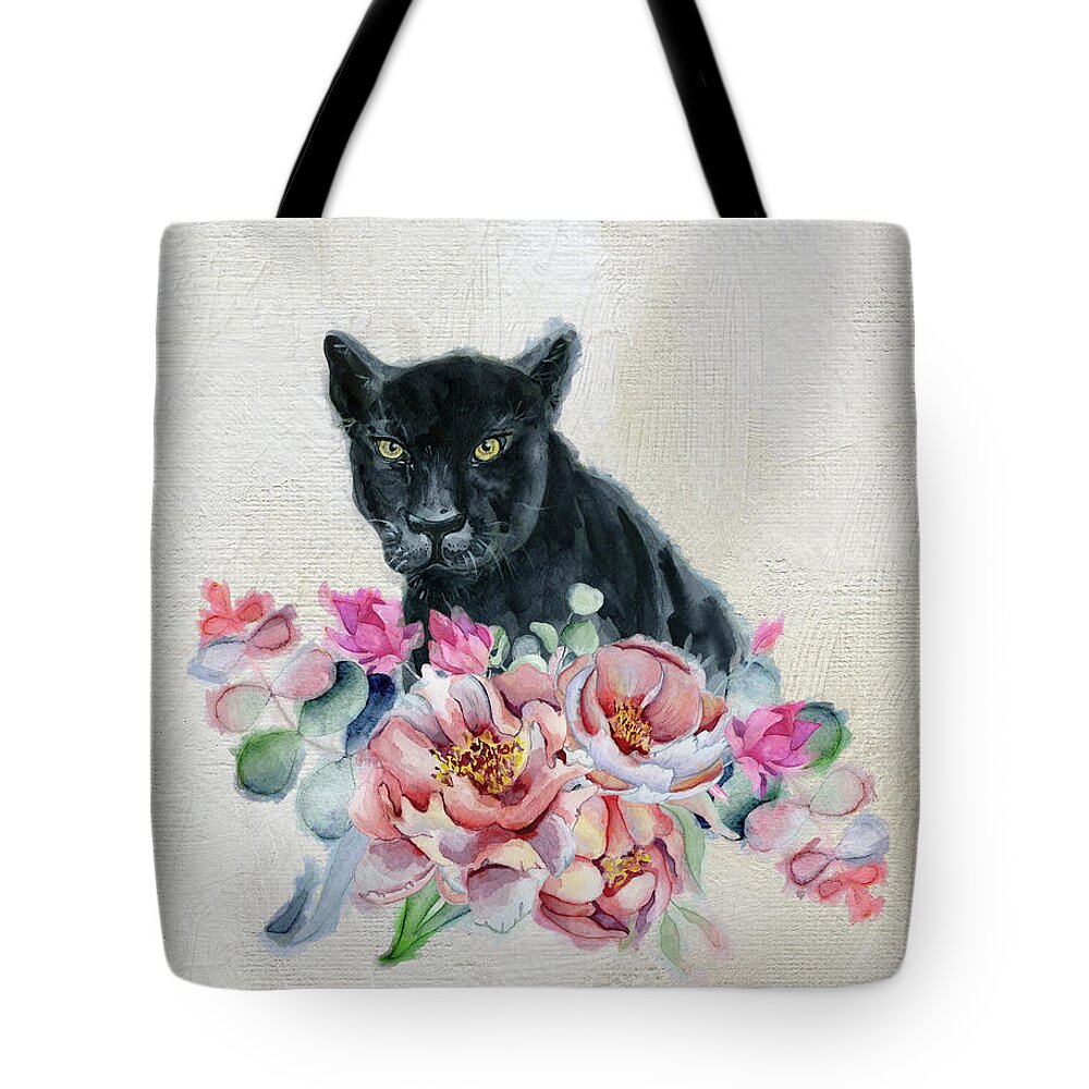 Black Panther Tote Bag featuring the painting Black Panther With Flowers by Garden Of Delights