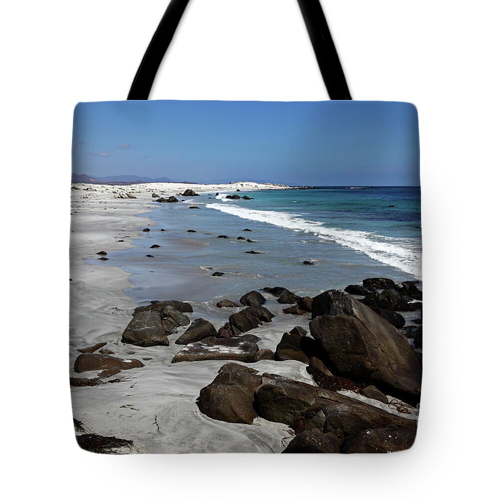 Chile Tote Bag featuring the photograph Black rocks on a white sand beach Chile by James Brunker