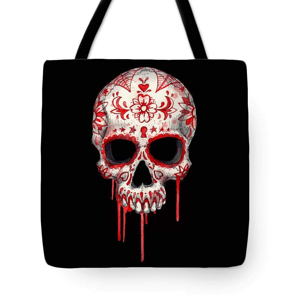 Blood Tote Bag featuring the drawing Blood Sugar Skull by Ludwig Van Bacon