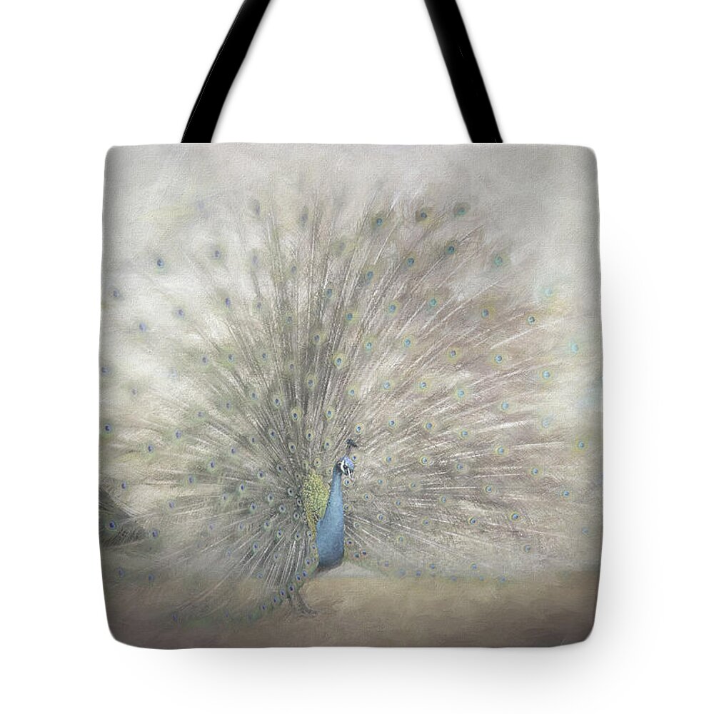Peacock Tote Bag featuring the painting Blooming Peacock in Silver by Jai Johnson