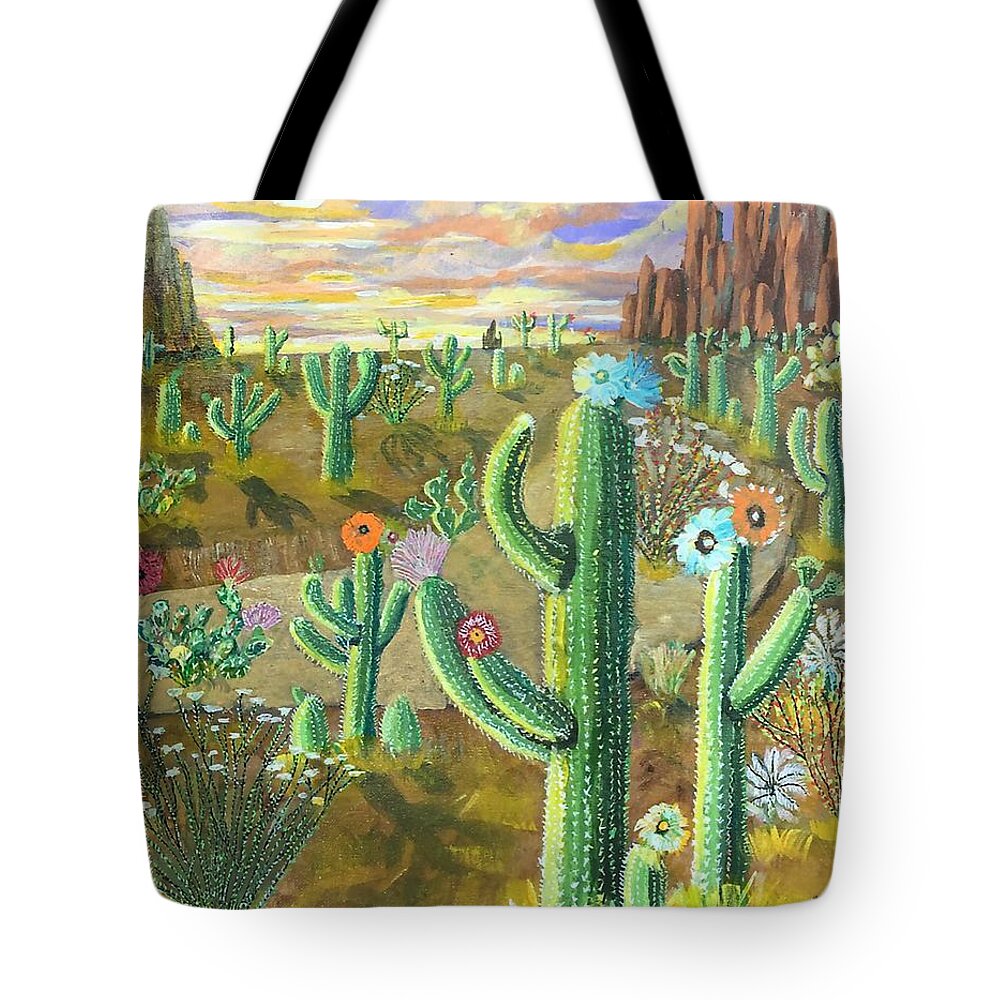Cactus Tote Bag featuring the painting Blooming Saguaros by Rowena Rizo-Patron
