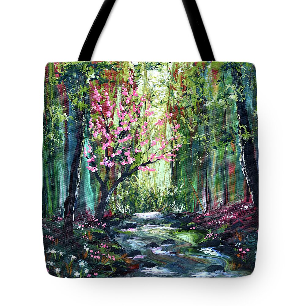 Woods Tote Bag featuring the painting Blossoming Tree by a Brook by Laura Iverson