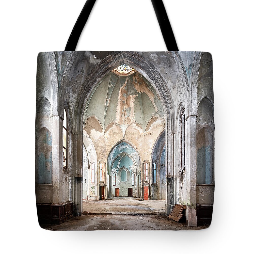 Abandoned Tote Bag featuring the photograph Blue Abandoned Church in Decay by Roman Robroek