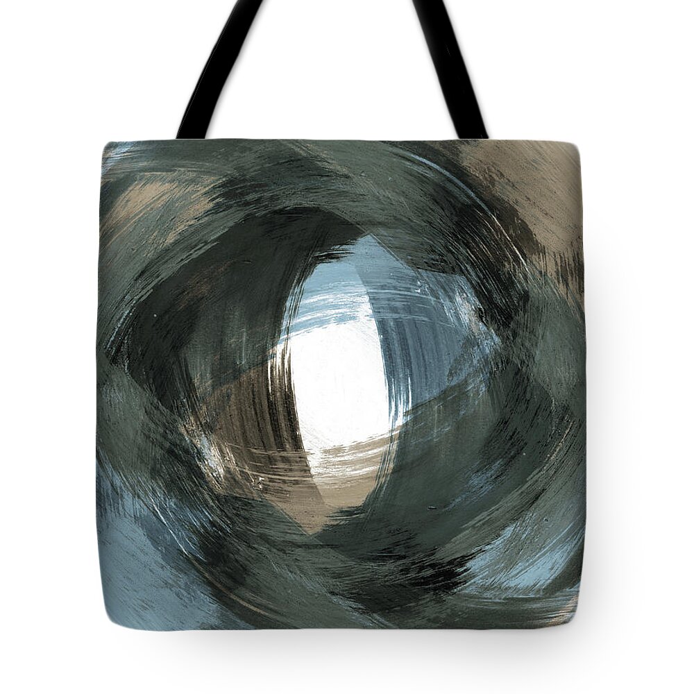 Beige Tote Bag featuring the painting Blue and Beige Modern Abstract Brushstroke Painting Vortex by Janine Aykens