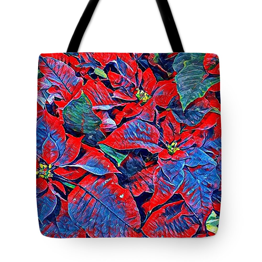 Blue Tote Bag featuring the photograph Blue and Red Poinsettias by Vivian Aumond