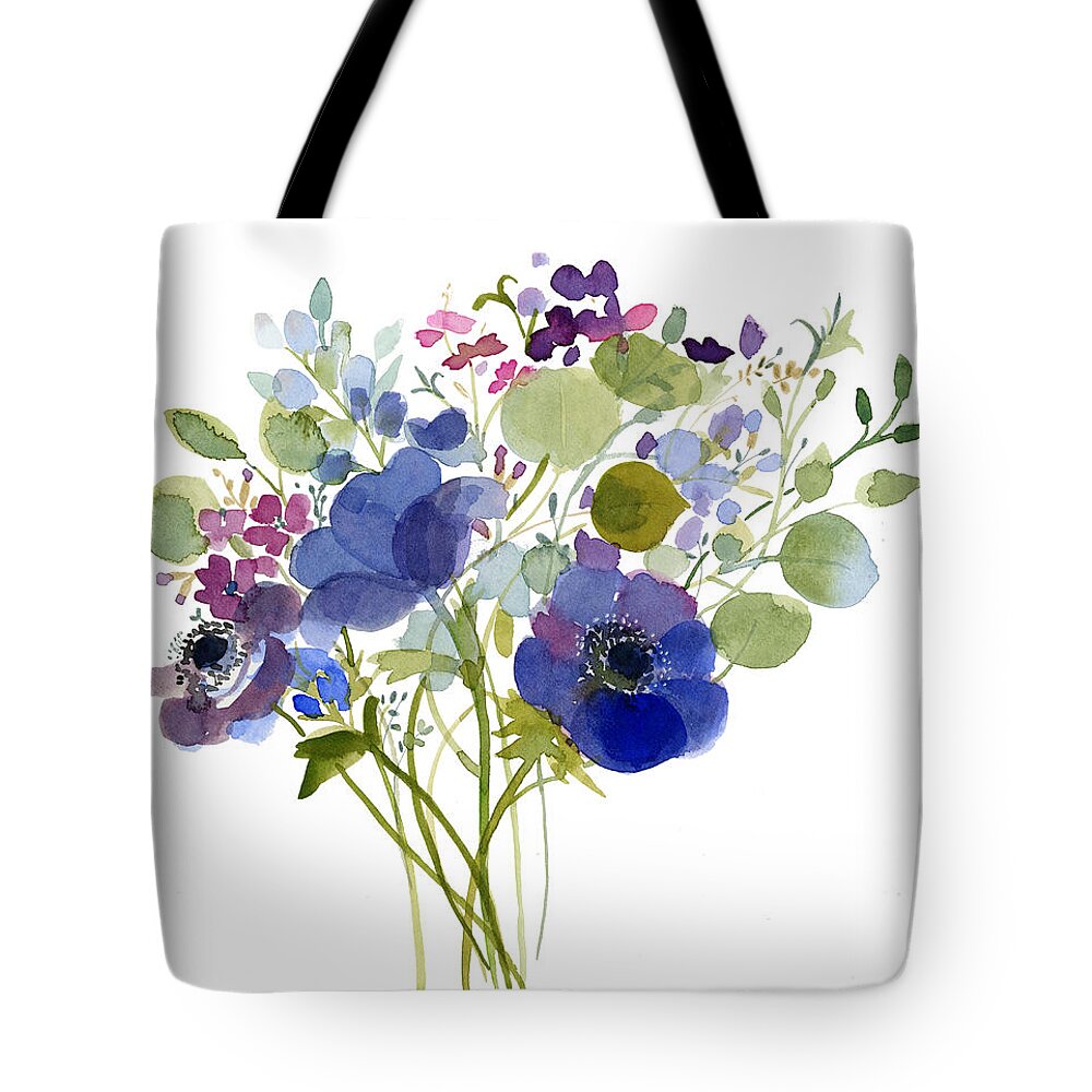 Watercolor Painting Tote Bag featuring the painting Blue anemone bouquet by Sue Zipkin