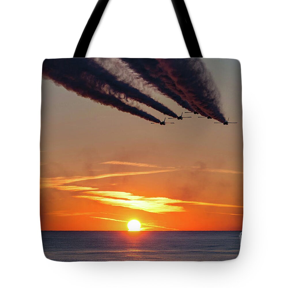 Blue Angels Tote Bag featuring the photograph Blue Angels Flying Over The Sunset by Beachtown Views