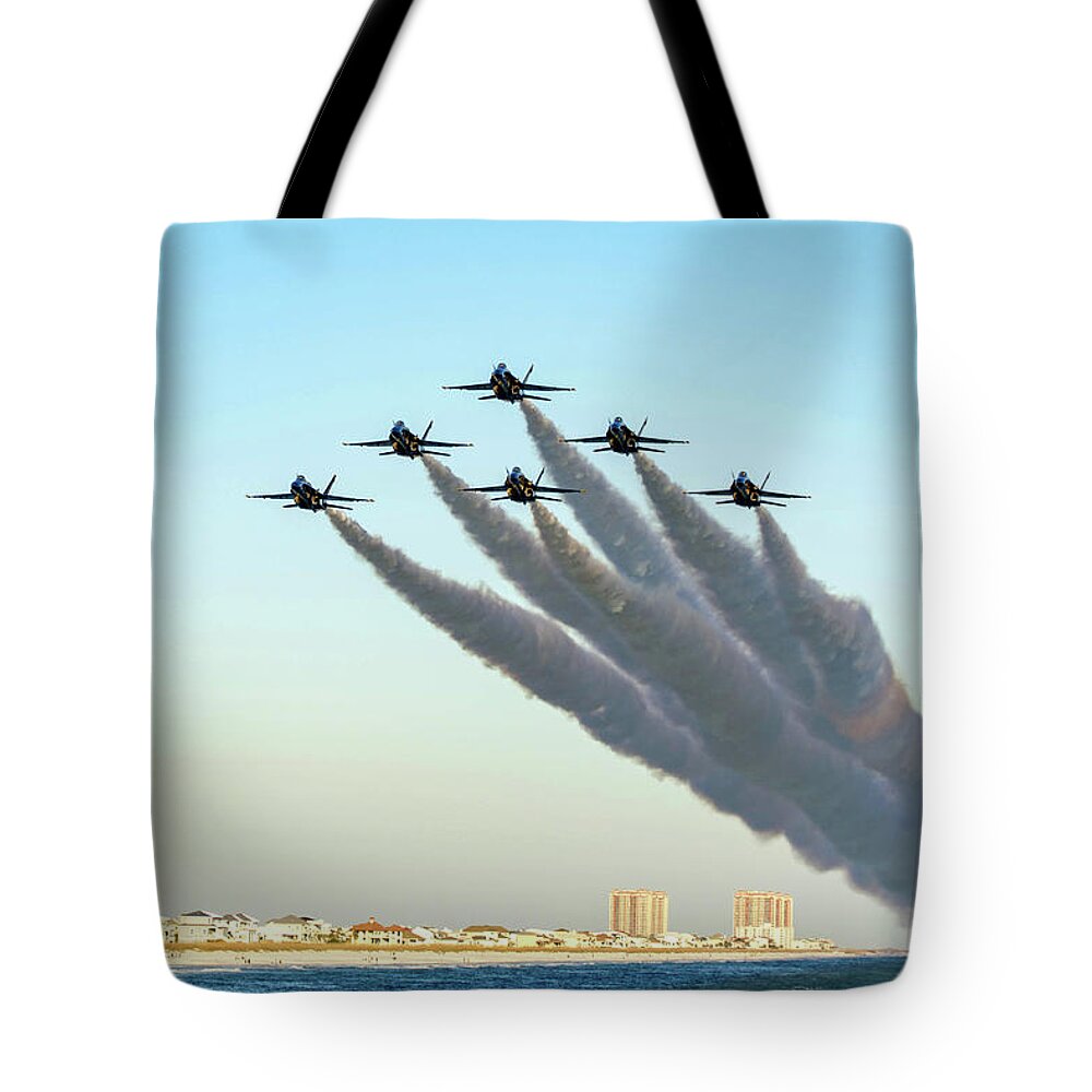 Blue Angels Tote Bag featuring the photograph Blue Angels over Pensacola Beach, Florida by Beachtown Views
