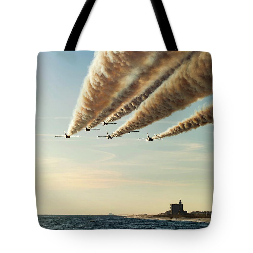 Blue Angels Tote Bag featuring the photograph Blue Angels over Pensacola Beach, Florida Pier by Beachtown Views