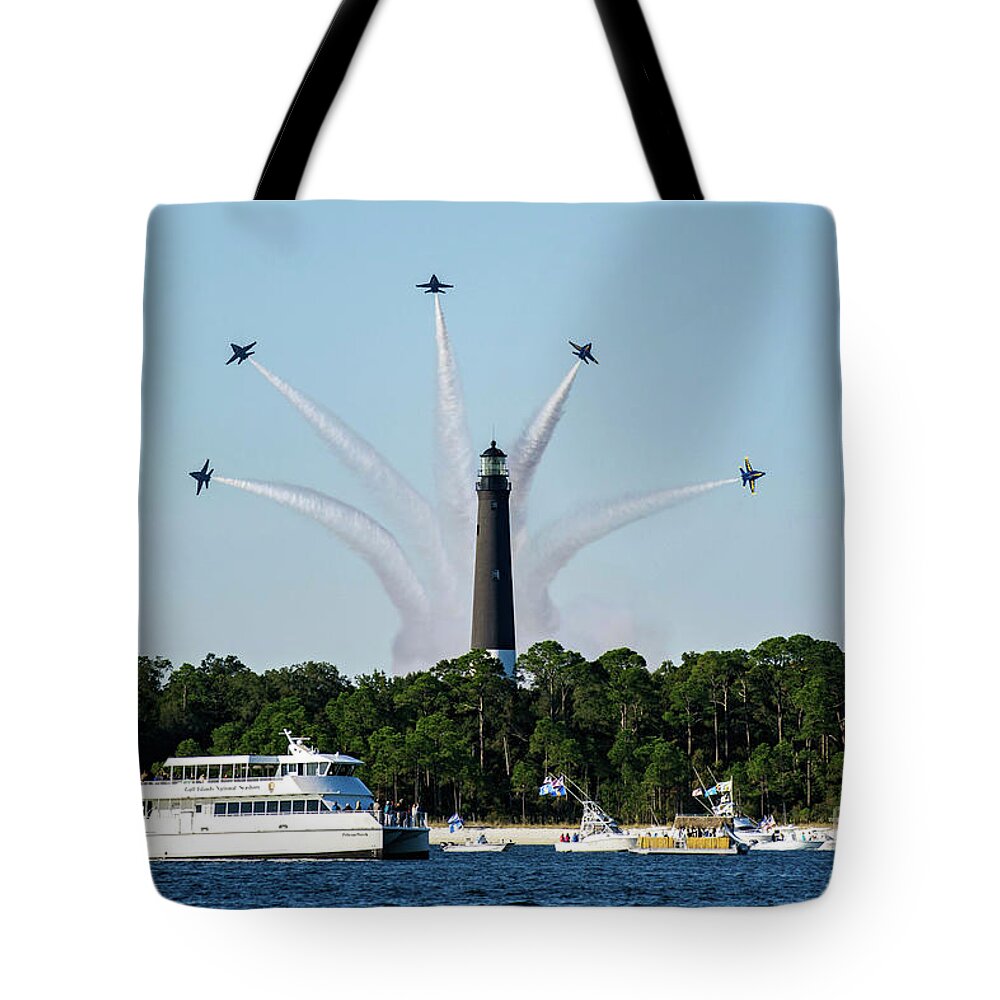 Blue Angels Tote Bag featuring the photograph Blue Angels over Pensacola Lighthouse by Beachtown Views