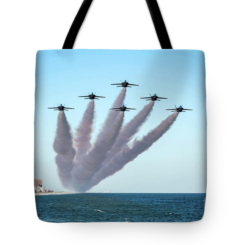 Blue Angels Pensacola Beach Fishing Pier Flyover Tote Bag by