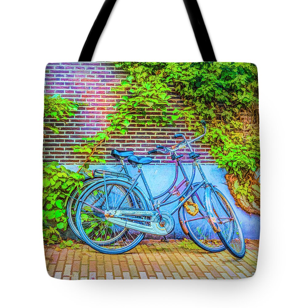Fall Tote Bag featuring the photograph Blue Bicycles on the Sidewalk by Debra and Dave Vanderlaan