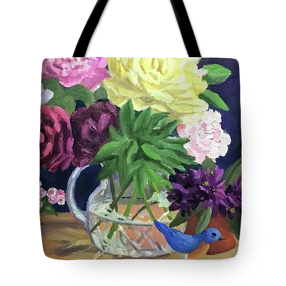 Blue Bird Tote Bag featuring the painting Blue Birds and Friends by Anne Marie Brown
