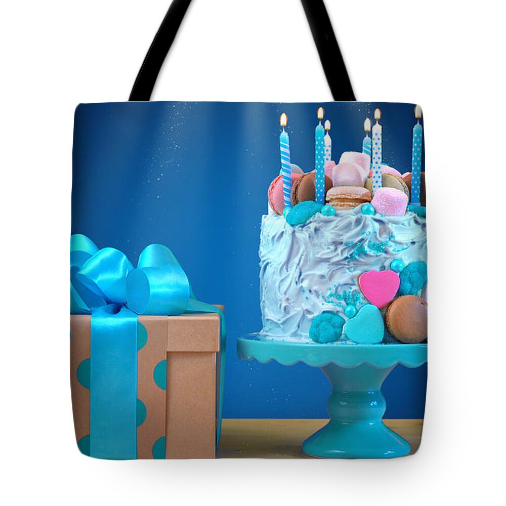 Anniversary Tote Bag featuring the photograph Blue birthday celebration showstopper cake by Milleflore Images