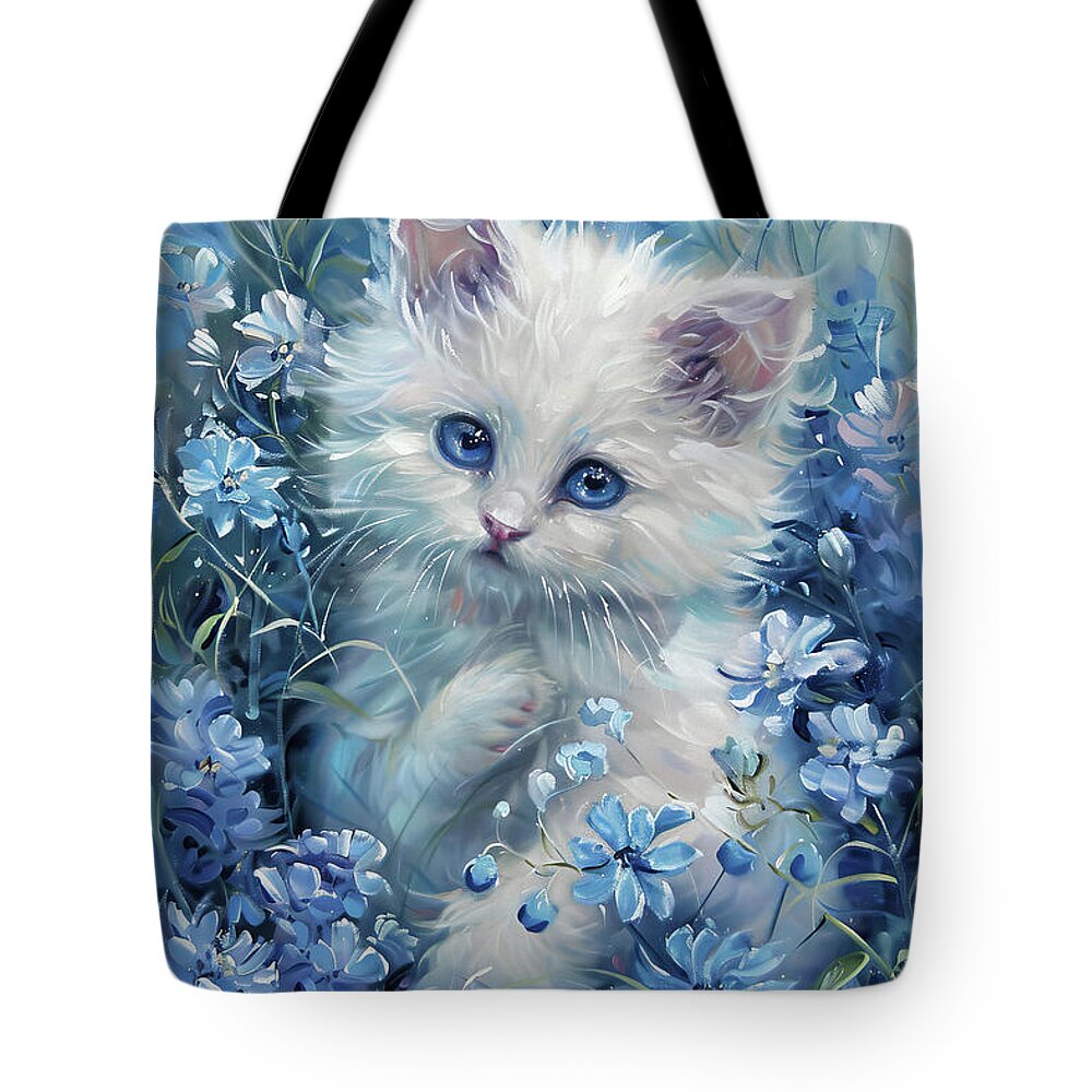  Cat Tote Bag featuring the painting Blue Blossom Kitten by Tina LeCour
