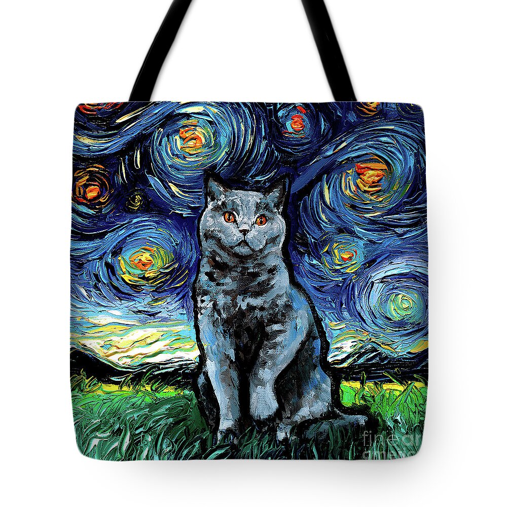 Blue British Shorthair Tote Bag featuring the painting Blue British Shorthair Night by Aja Trier