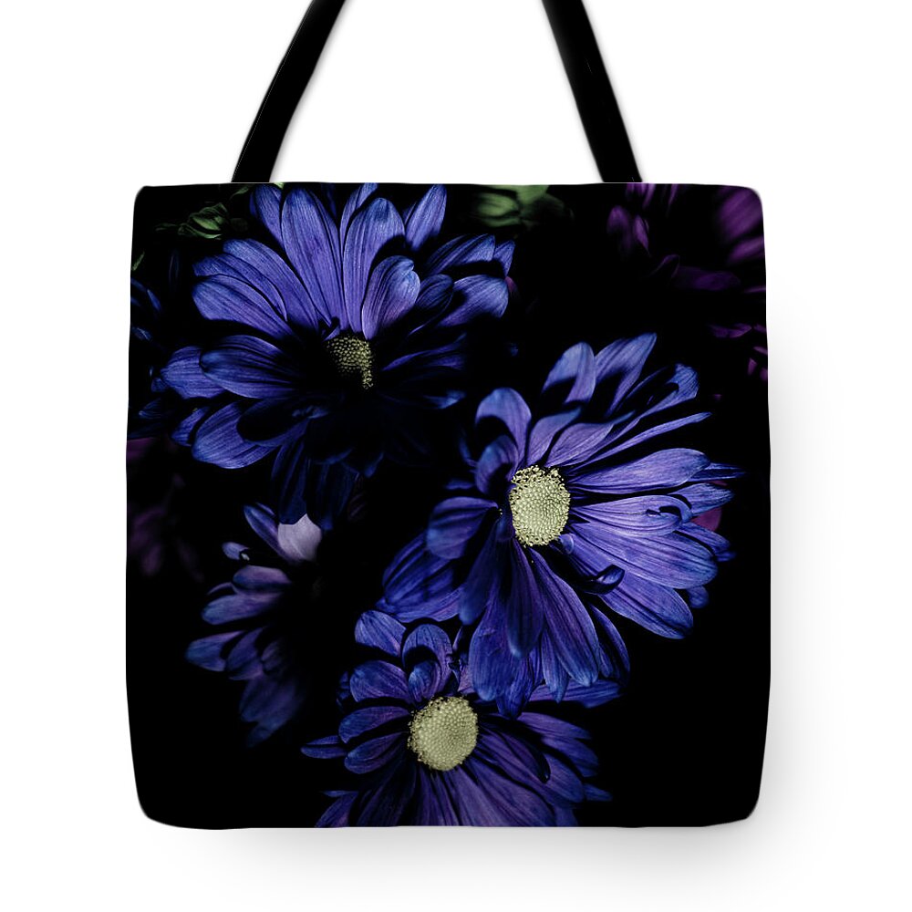Blue Flowers Tote Bag featuring the photograph Blue Chrysanthemum by Darcy Dietrich