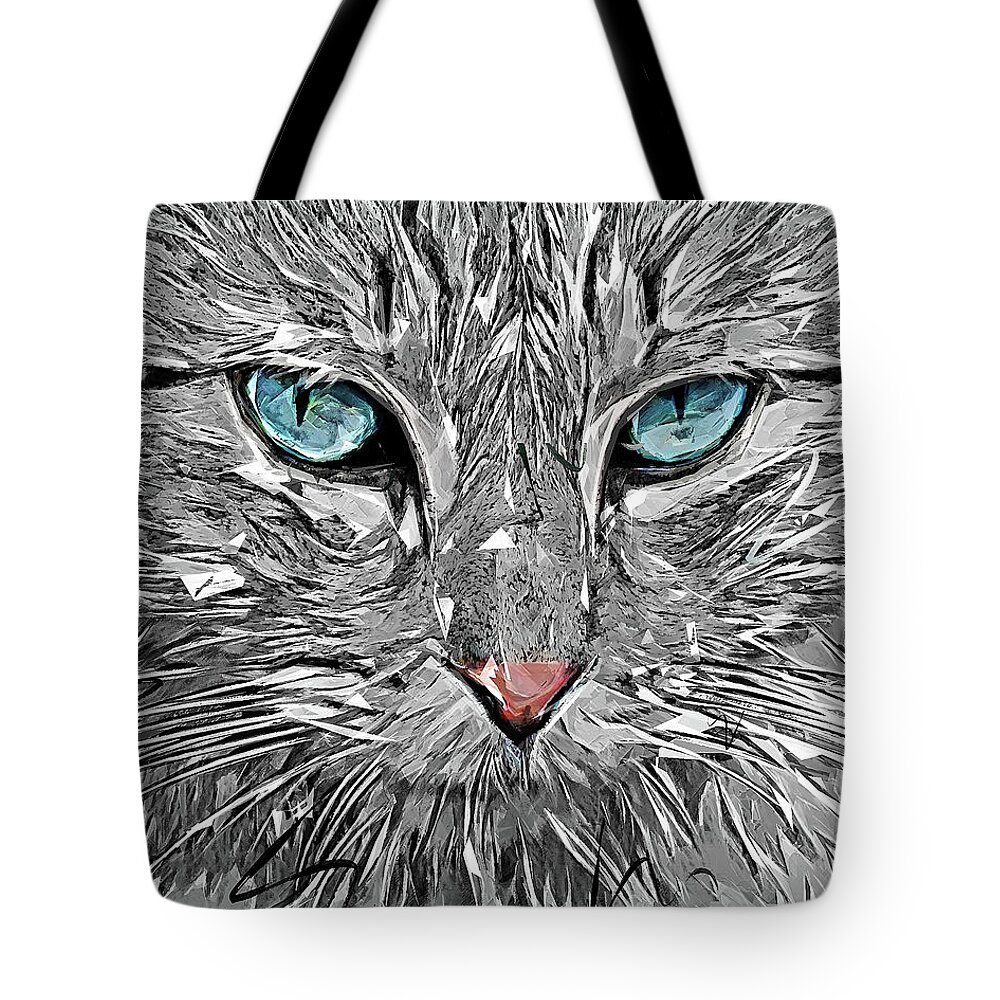 Blue Tote Bag featuring the painting Blue Eyes Elegant Norwegian Forest Cat by Custom Pet Portrait Art Studio