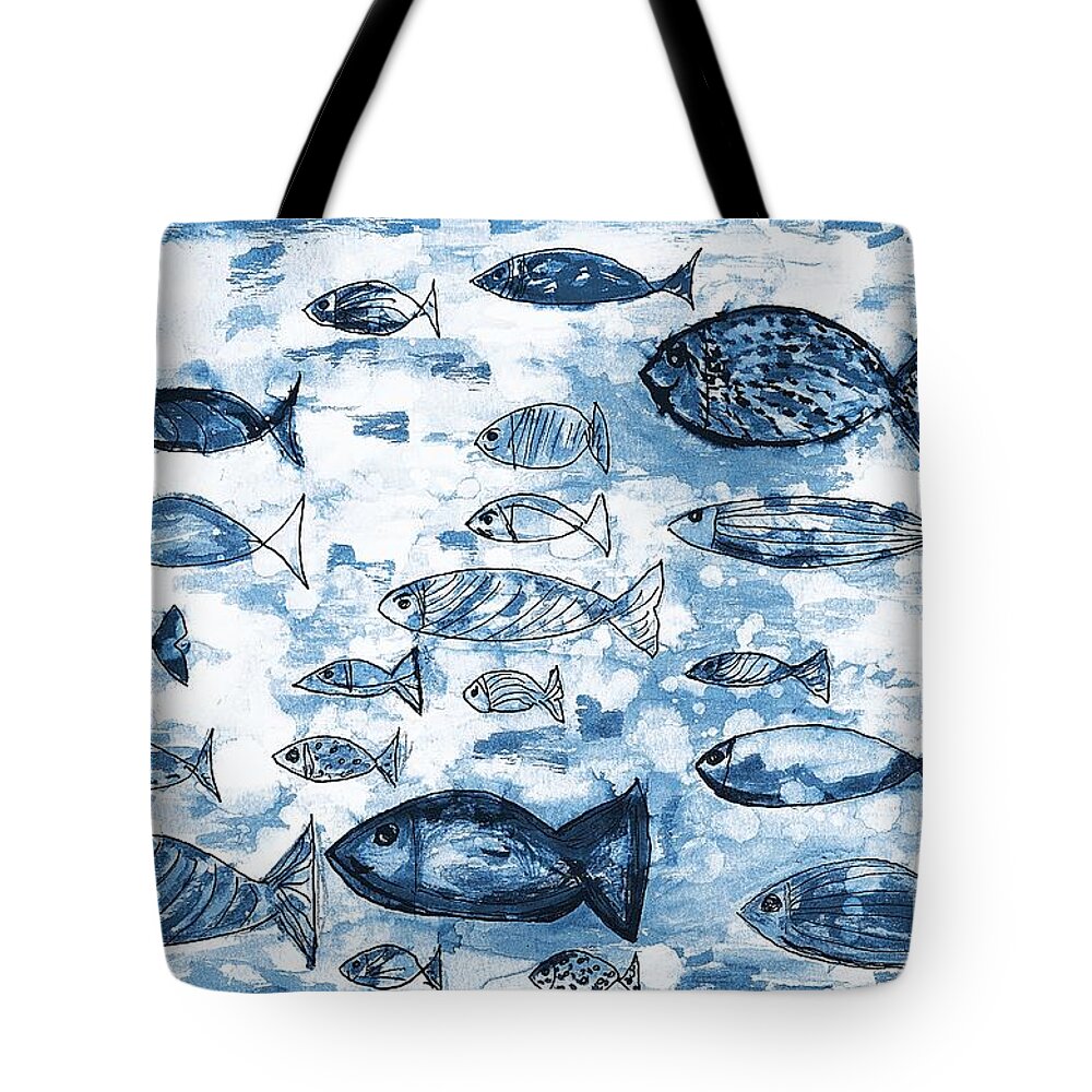 Fish Tote Bag featuring the painting Blue Fish by Ramona Matei