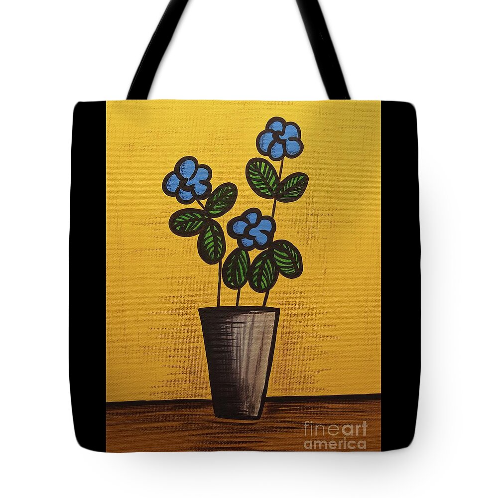Mid Century Modern Tote Bag featuring the mixed media Blue Flower Still Life Painting by Donna Mibus