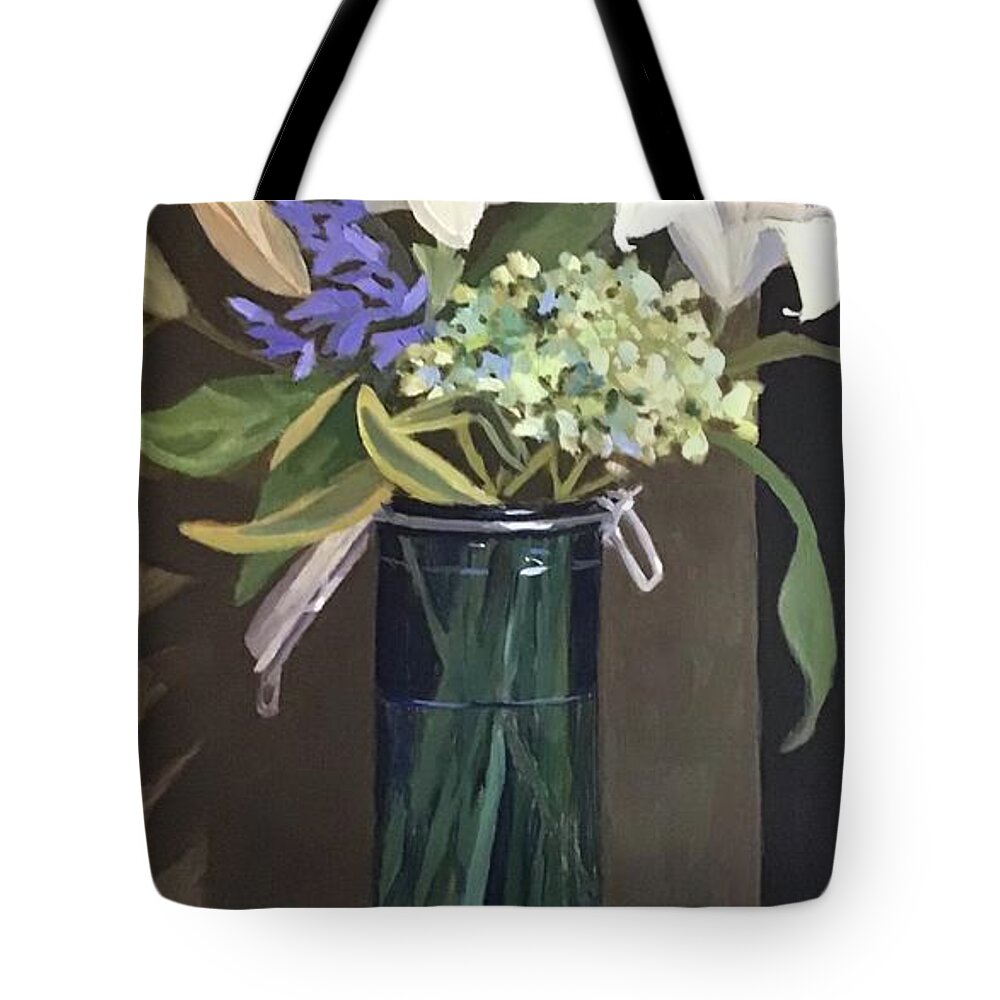 Lily Tote Bag featuring the painting Blue Glass Canister with Lillies by Anne Marie Brown