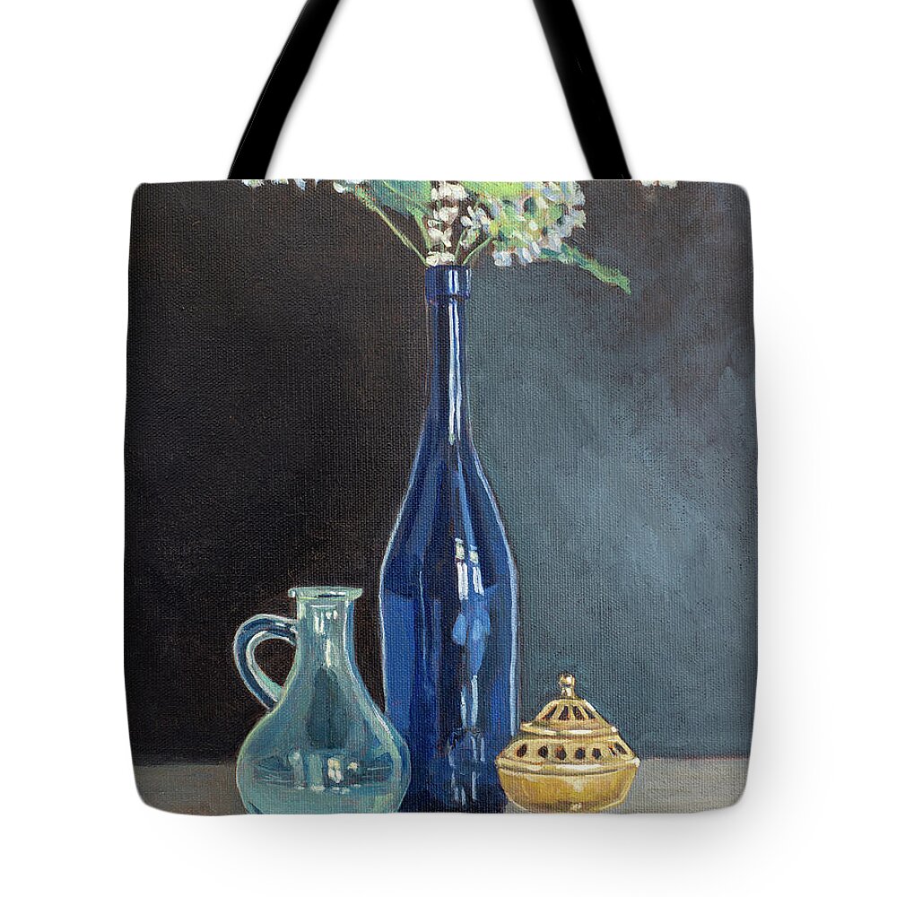 Taste Tote Bag featuring the painting Blue Glass Wine Bottle with Flowers Water Jug and Censer Still Life by Pablo Avanzini