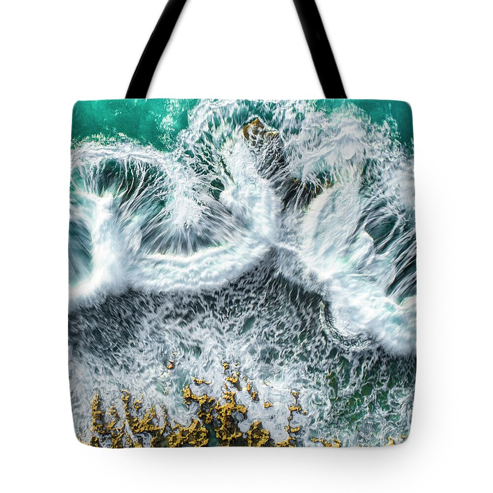 Blue Gold Aerial Hawaii Wave Ocean Drone Tote Bag featuring the photograph Blue Gold by Leonardo Dale