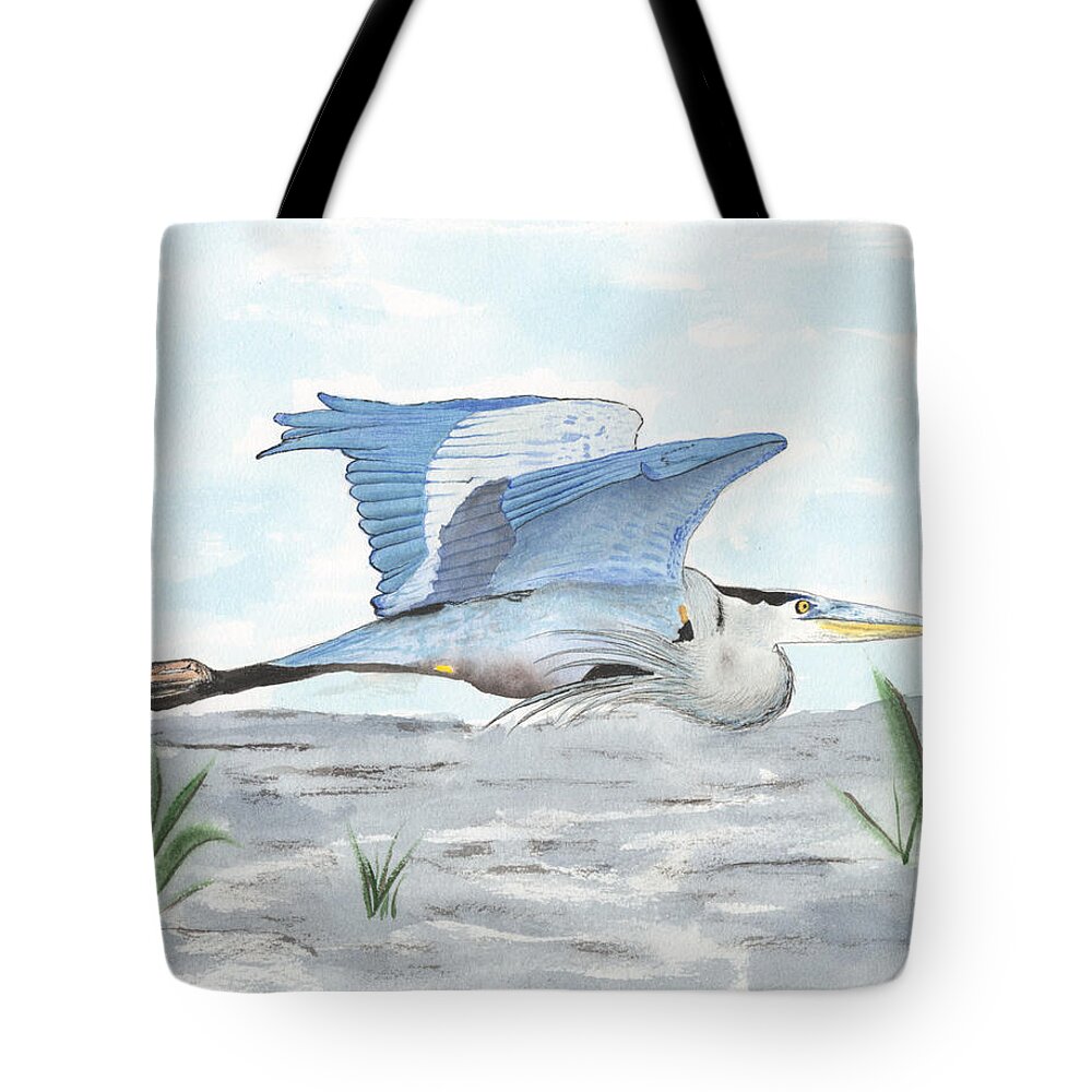 Blue Heron In Flight Tote Bag featuring the painting Blue Heron In Flight by Bob Labno