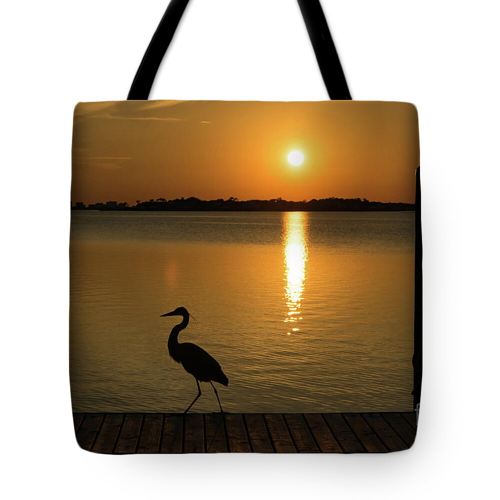 Reflection Tote Bag featuring the photograph Blue Heron on the Dock at Sunset by Beachtown Views