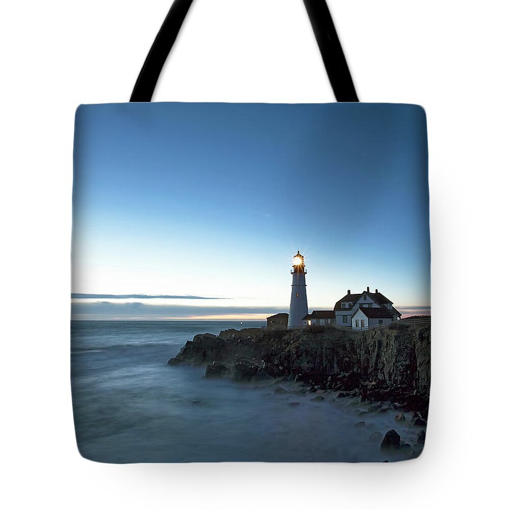 Blue Hour Tote Bag featuring the photograph Blue Hour at Portland Head by Eric Gendron