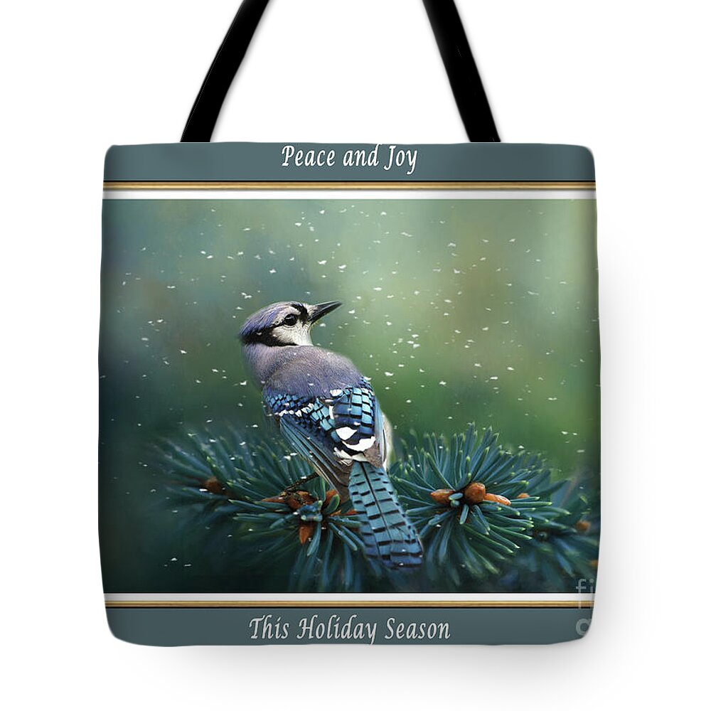 Blue Jay Tote Bag featuring the mixed media Blue Jay in Winter Christmas Card by Kathy Kelly