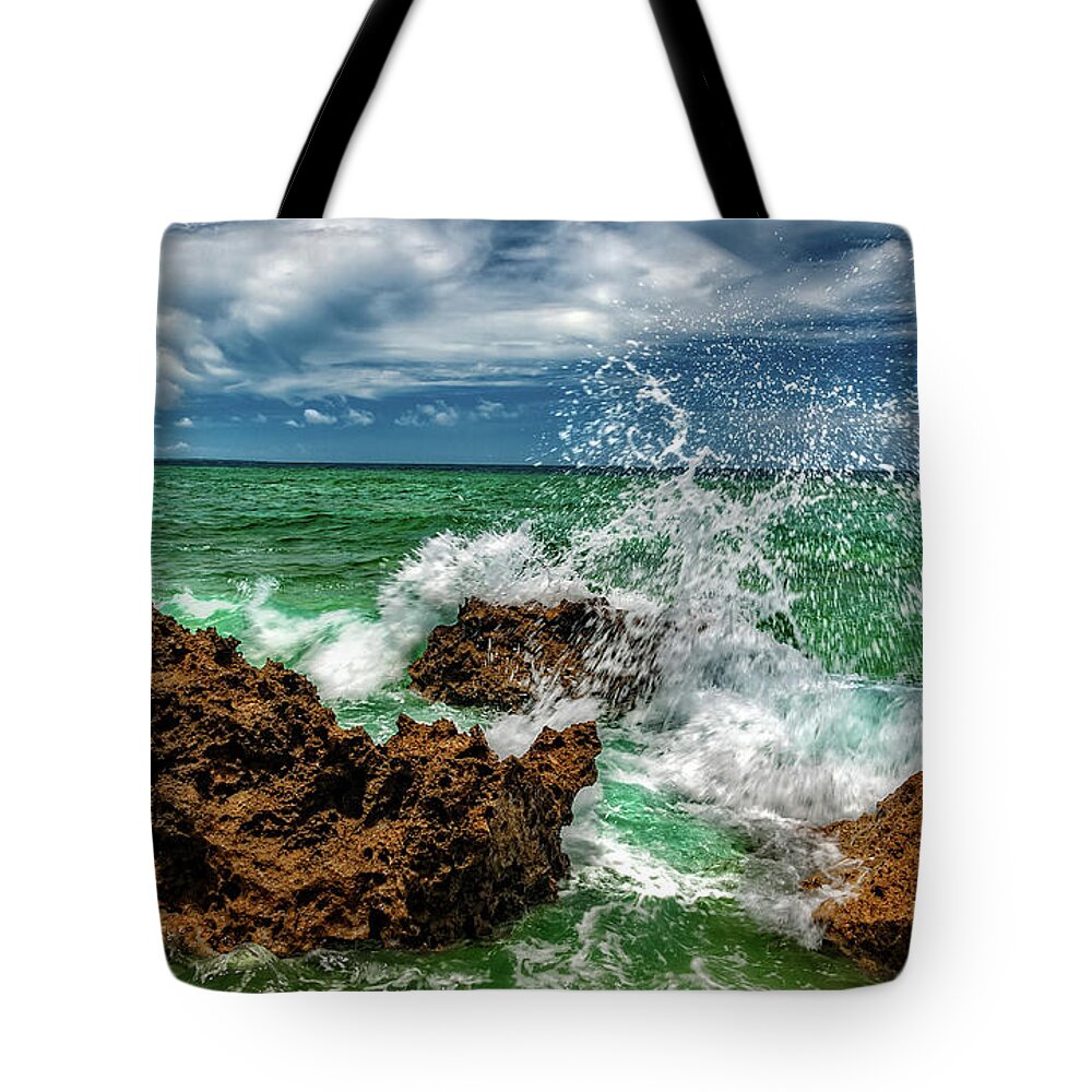 Rocks Tote Bag featuring the photograph Blue Meets Green by Christopher Holmes