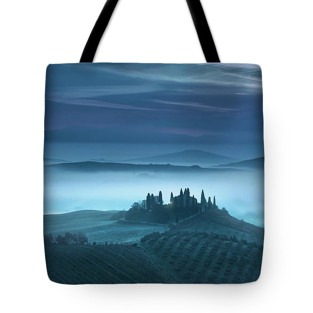 Tuscany Tote Bag featuring the photograph Blue Morning in Val d'Orcia by Stefano Orazzini