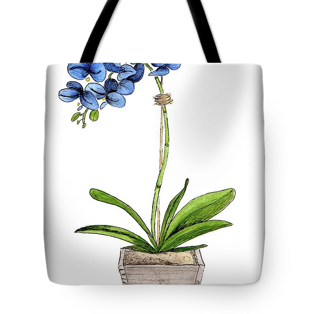 Blue Mystique Orchids Tote Bag featuring the painting Blue Mystique Orchids in Wood Planter by Donna Mibus