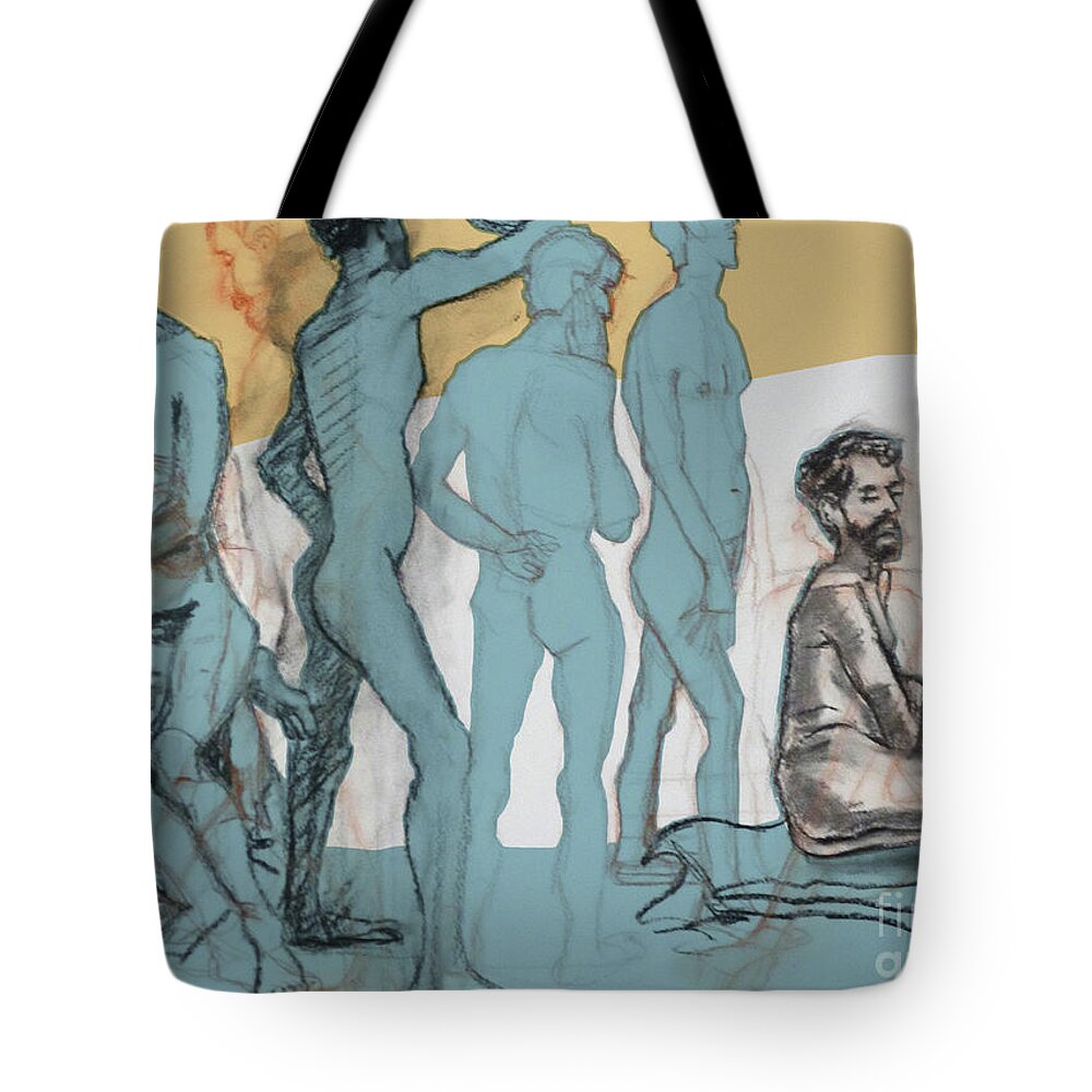Male Nude Tote Bag featuring the mixed media Blue Nude by PJ Kirk