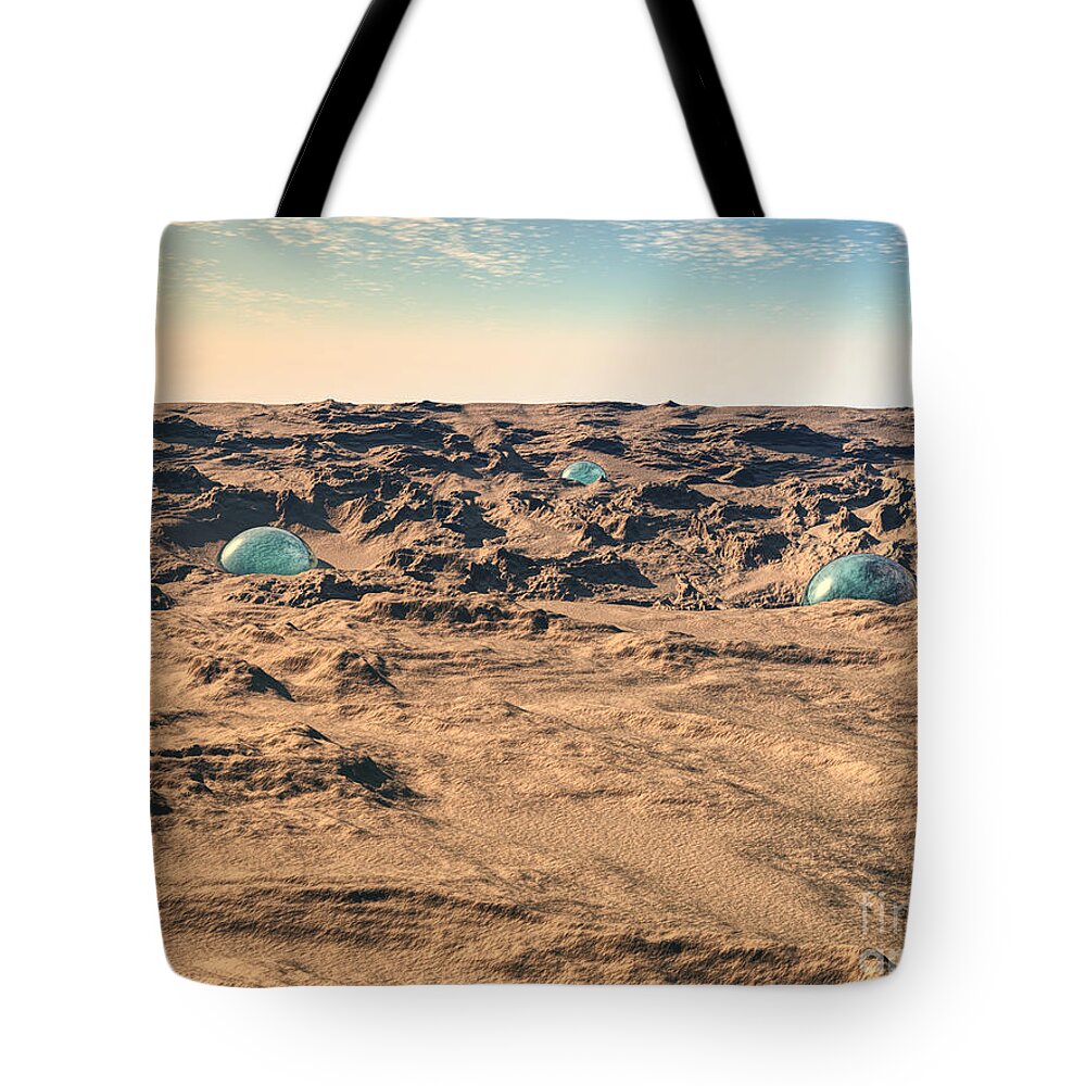 Desert Tote Bag featuring the digital art Blue Orbs In Desert by Phil Perkins
