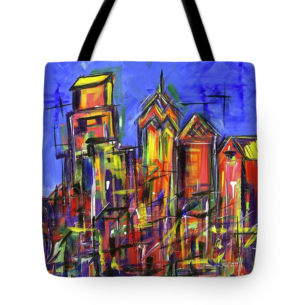 Philly Tote Bag featuring the painting Blue Philadelphia Skyline with Love by Britt Miller