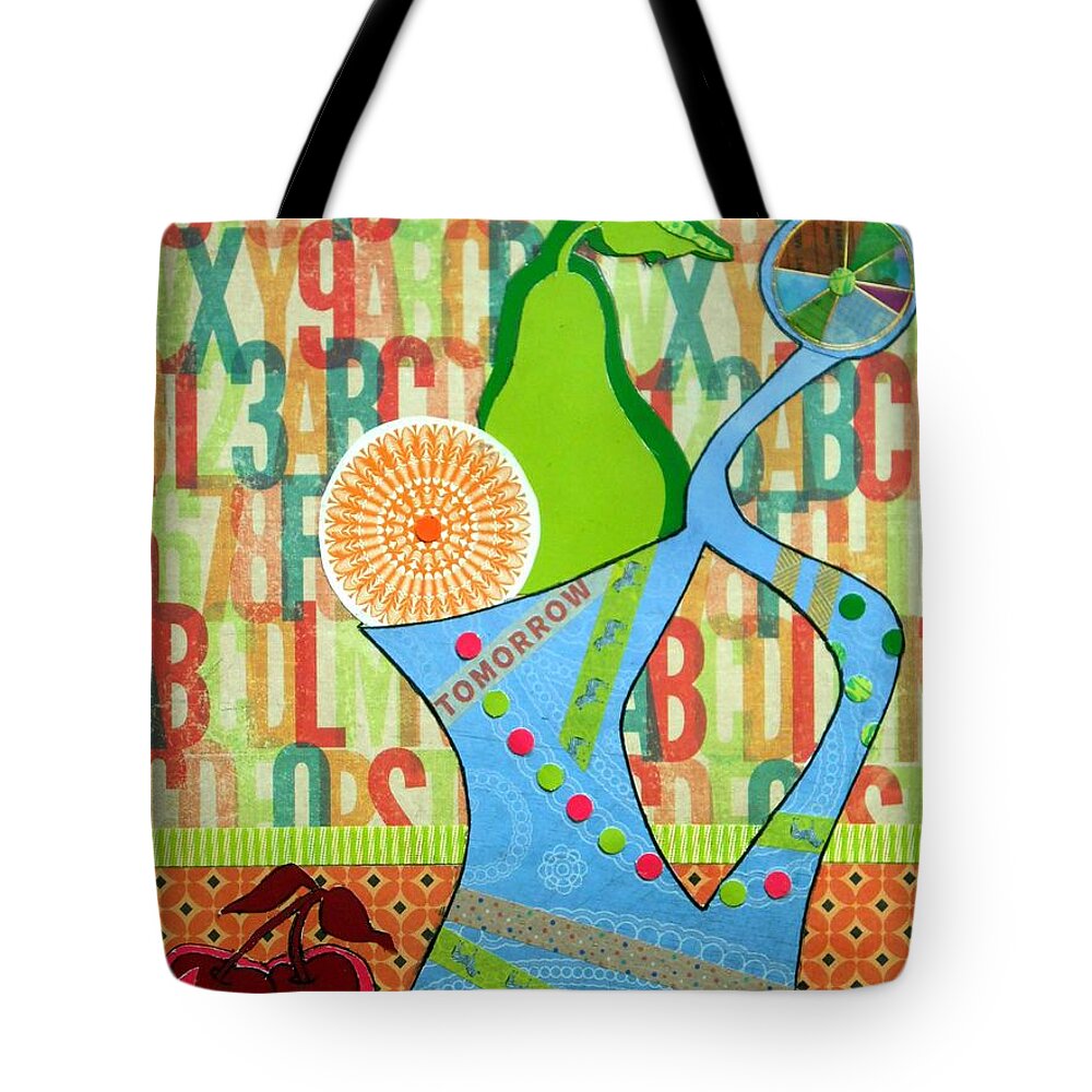 Fruit Tote Bag featuring the mixed media Blue Pitcher with Pear by Jayne Somogy