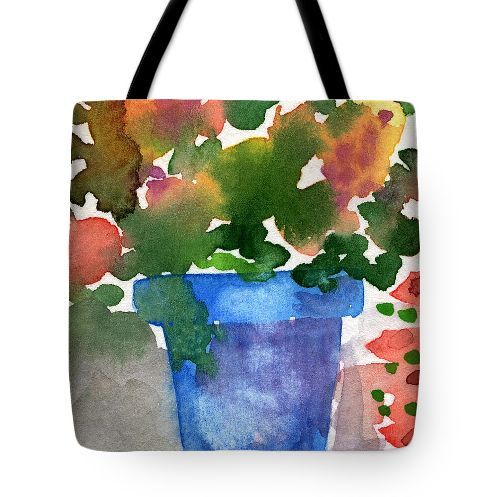 Flower Painting Tote Bag featuring the painting Blue Pot Of Flowers by Linda Woods