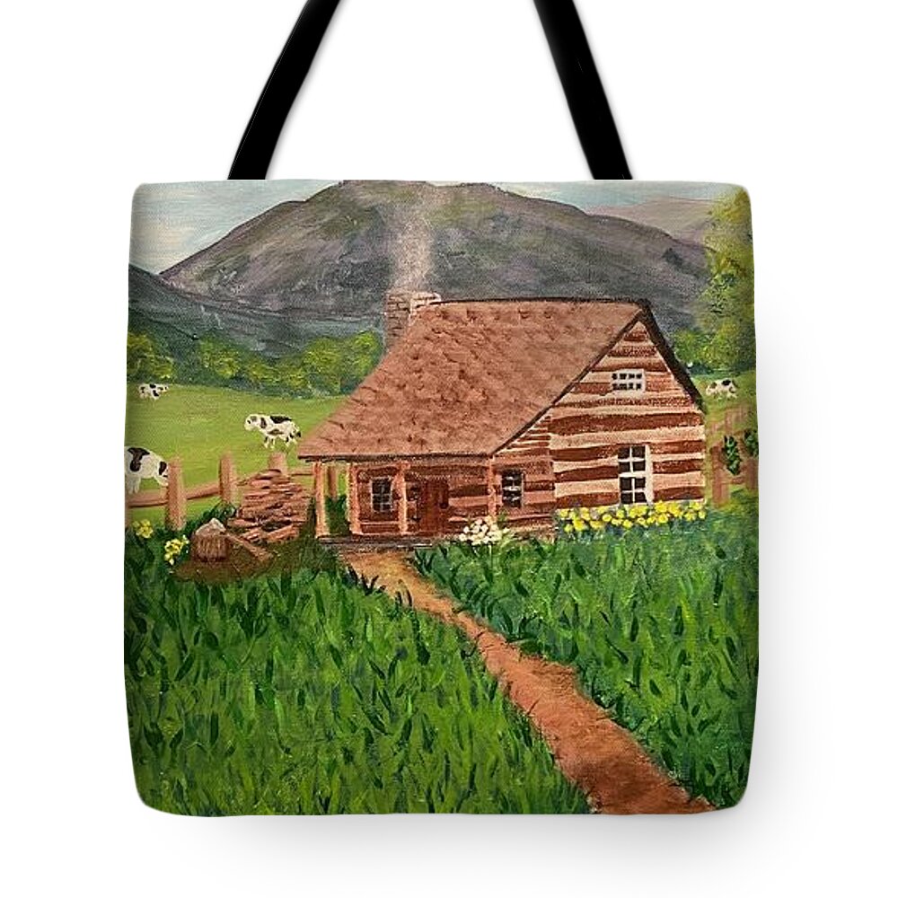  Tote Bag featuring the painting Blue Ridge Cabin by Nancy Sisco