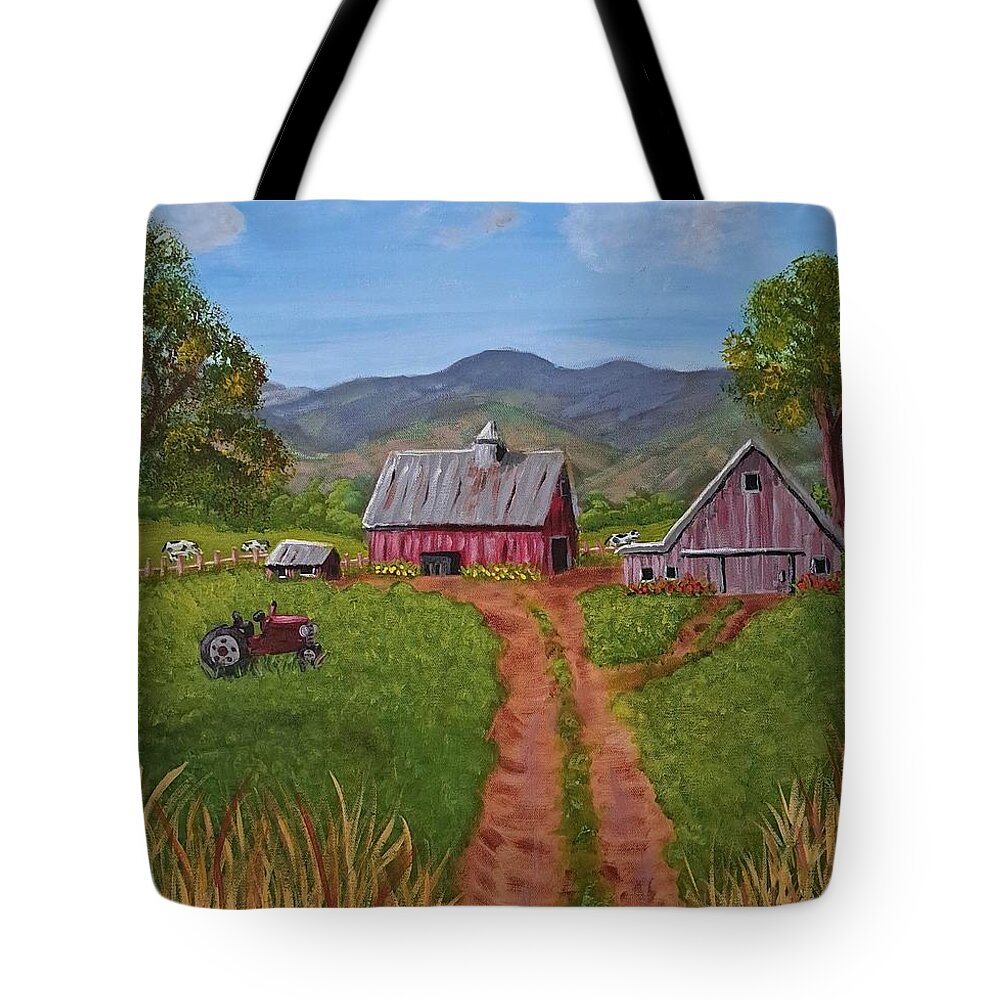 Landscape Tote Bag featuring the painting Blue Ridge Farm by Nancy Sisco
