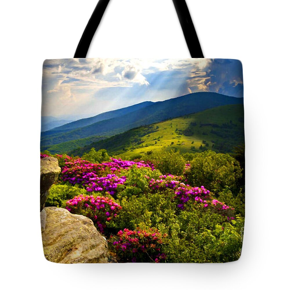 Blue Ridge Parkway Tote Bag featuring the mixed media Blue Ridge Parkway Catawba Rhododendrons by Sandi OReilly
